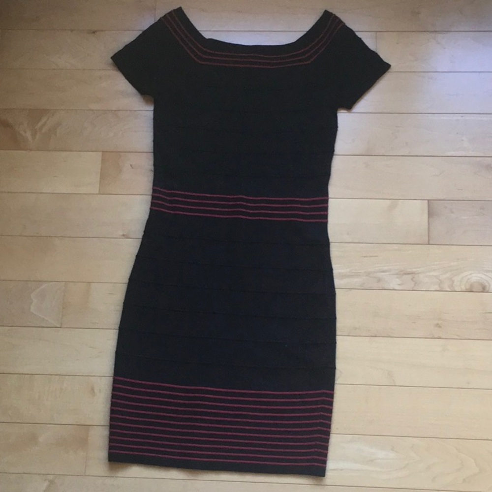Black Dress with Pink Stripe Accent - Women's Knit Sheath